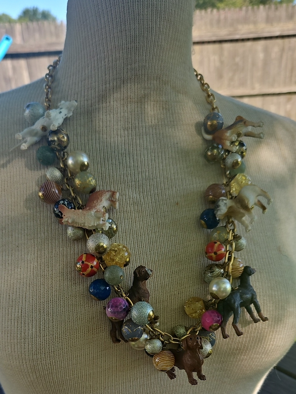 Lenora Dame Whimsical Multicolor Dog Charm Statement Necklace, Adjustable Length